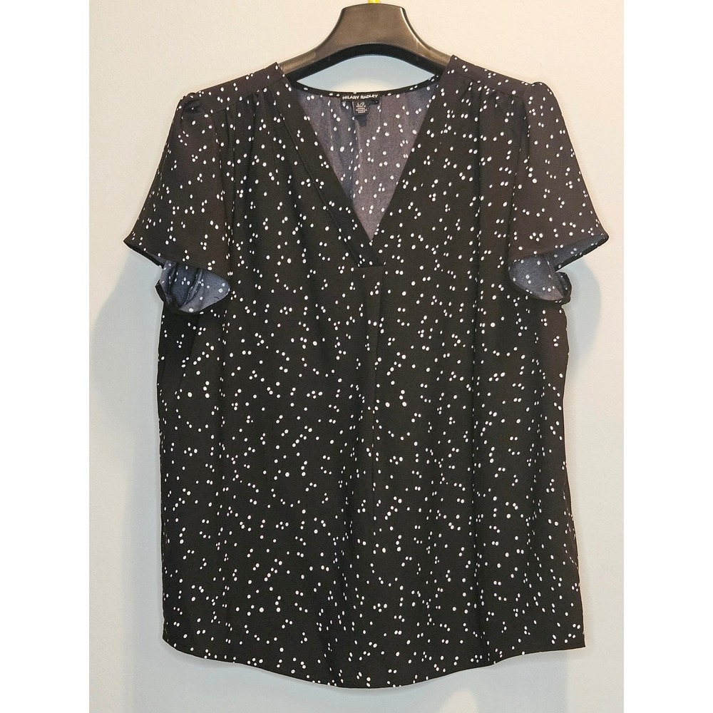 Hilary Radley Women Black White Polka Dot V-Neck Blouse Large